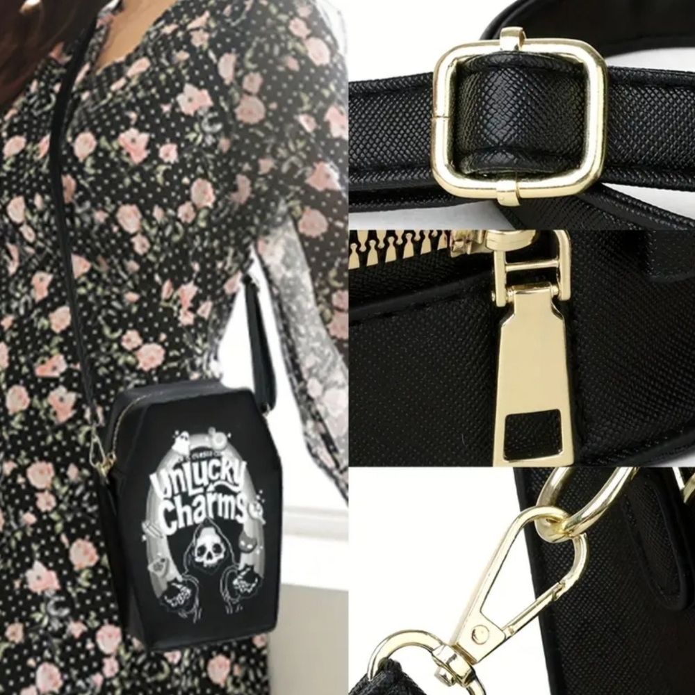🆕️BLACK UNLUCKY CHARMS CEREAL GOTH VEGAN LEATHER COFFIN ZIPPERED CROSSBODY - Picture 8 of 16
